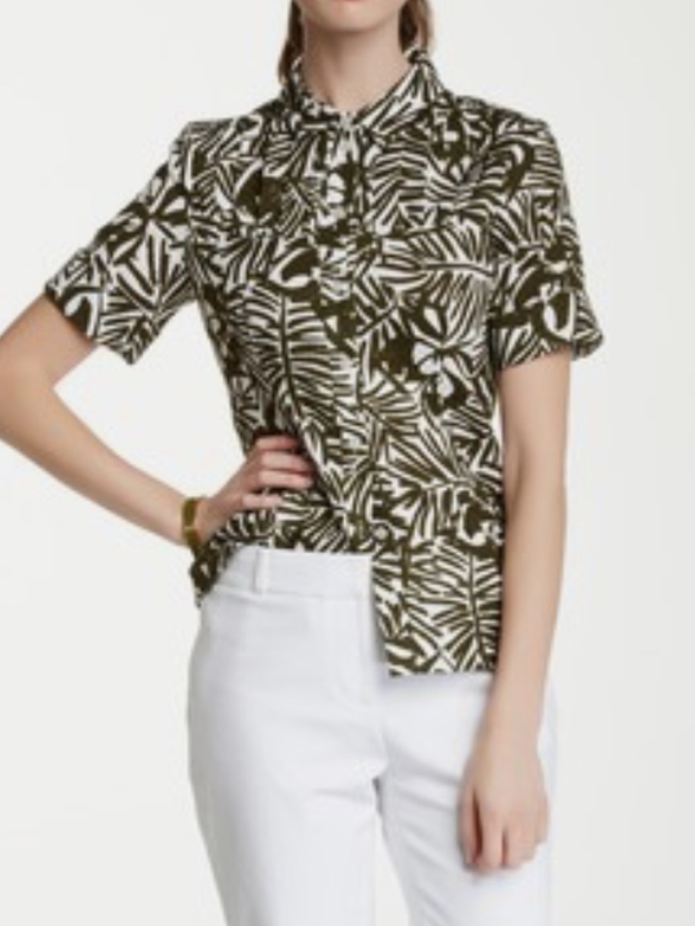 KATE SPADE Olive and White Short-Sleeve Button-Down Orchid Botanical Print Shirt